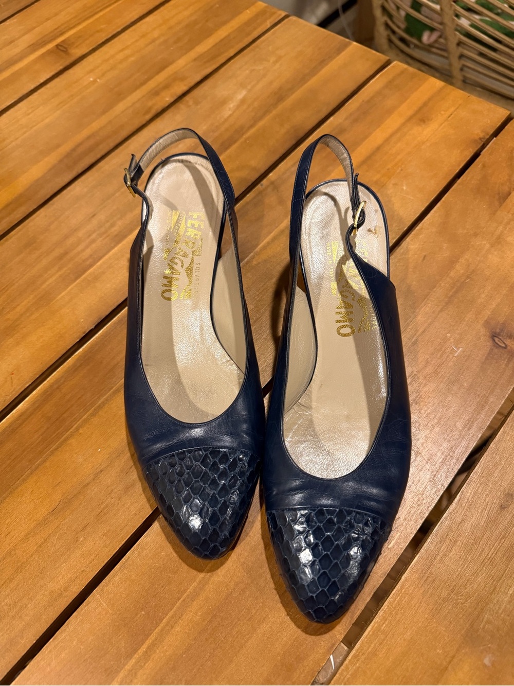 Salvatore Ferragamo Navy Blue Pointed Toe Slingback Mules with Textured Cap